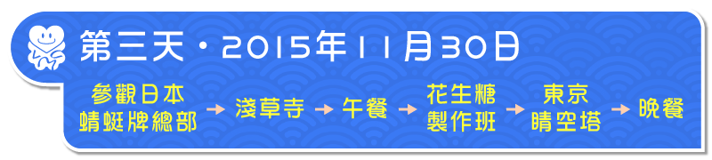 第三天・2015年11月30日：參觀日本蜻蜓牌總部＞淺草寺＞午餐＞傳統花生糖製作班＞東京晴空塔＞晚餐